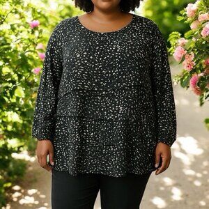 Vince Camuto Top Tunic Blouse Plus Size 3X Black White Print Tiered Long Sleeve